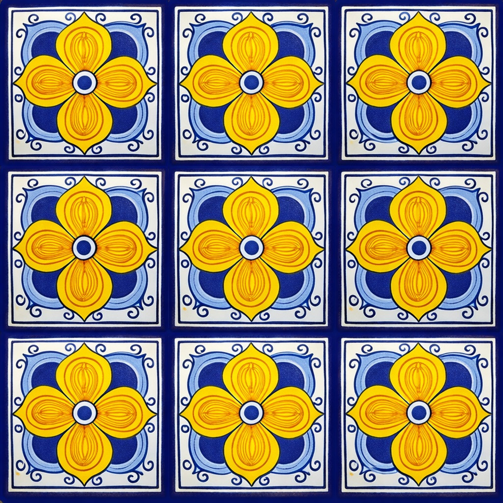 Yellow cobalt talavera medallion tile nine tile set with clear grout divisions