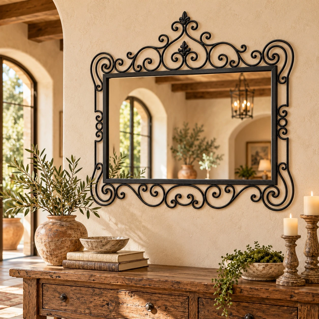 Wrought iron framed mirror – Spanish colonial design in a Mediterranean-inspired interior