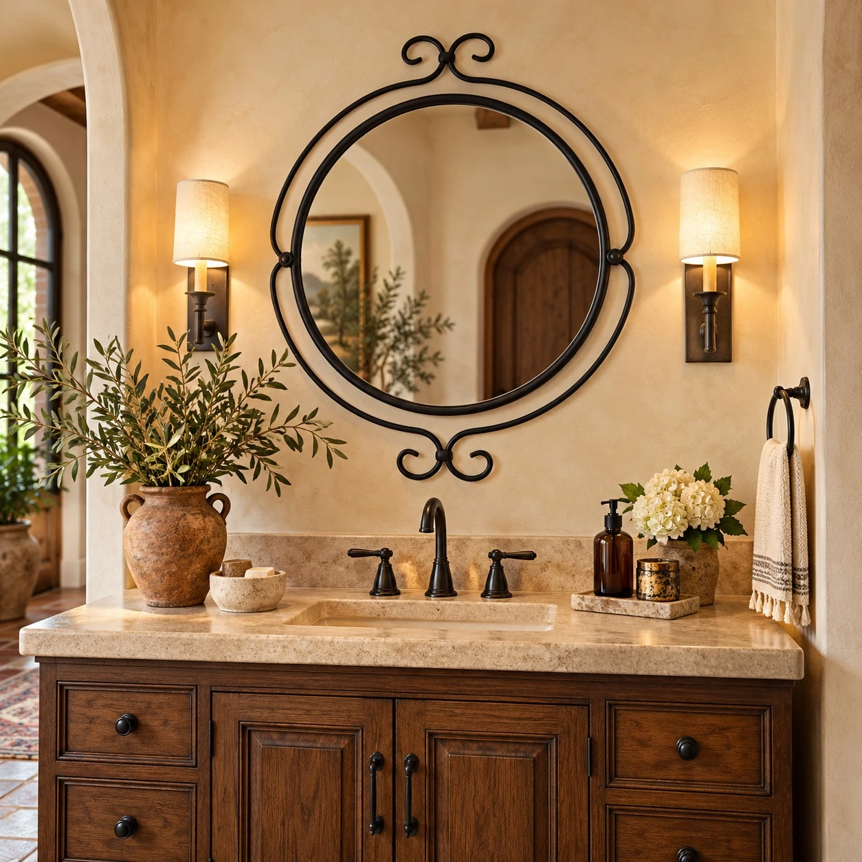 Wrought iron round mirror with scroll finials displayed in an elegant powder room interior