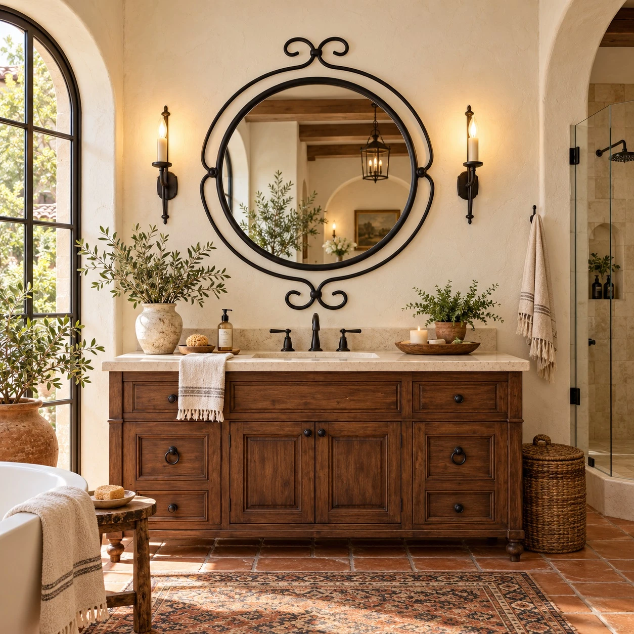 Wrought iron round mirror with scroll finials in a Spanish colonial bathroom interior