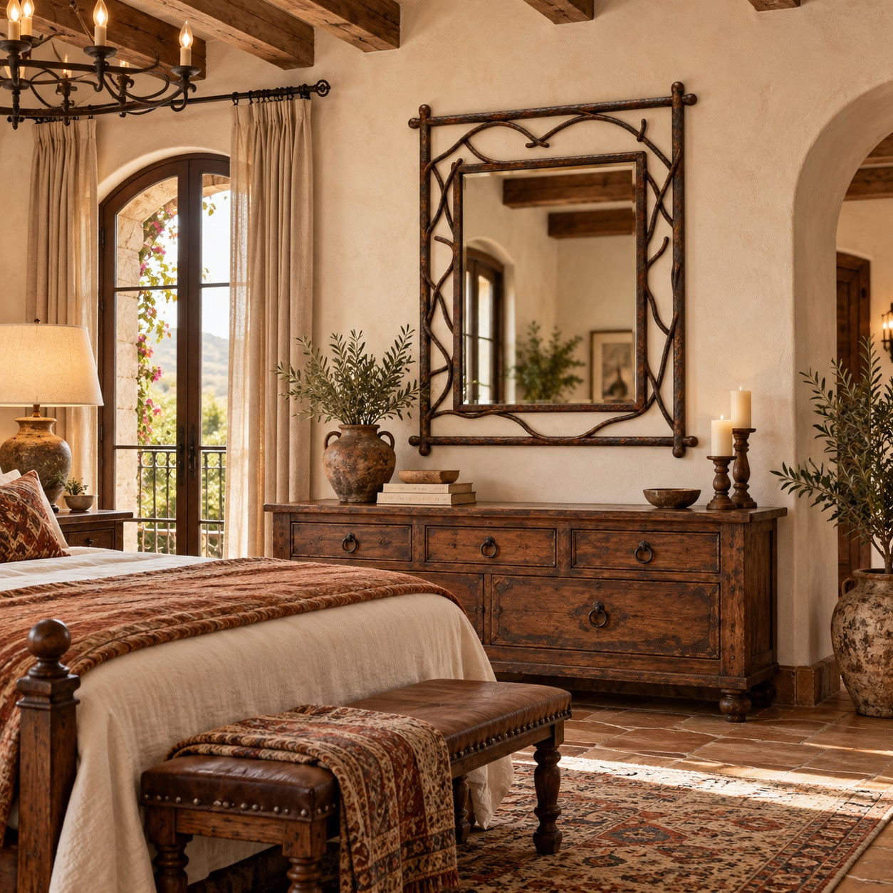 Spanish mission style wrought iron wall mirror displayed in a hacienda-style bedroom