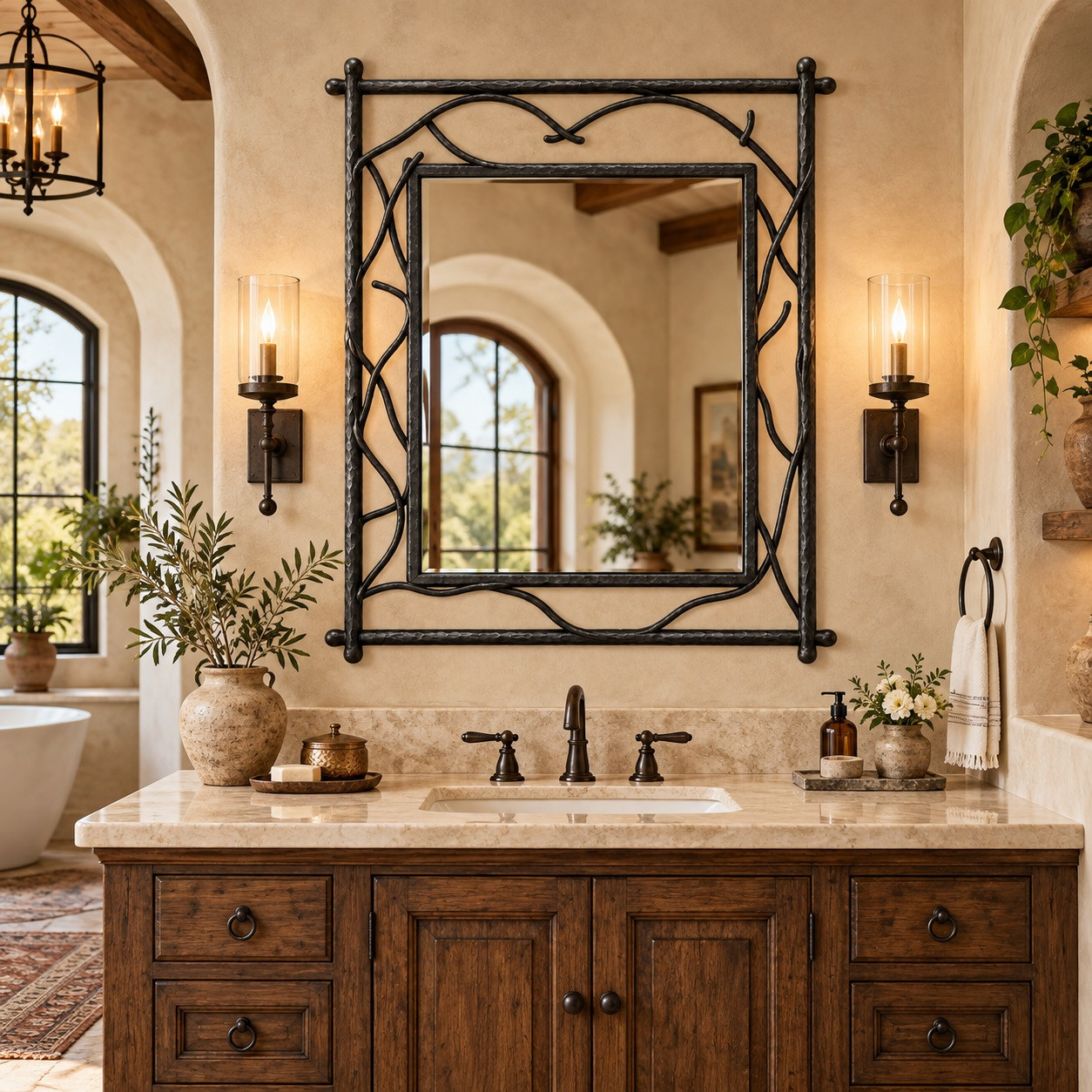 Spanish mission style wrought iron wall mirror above a Spanish colonial bathroom vanity