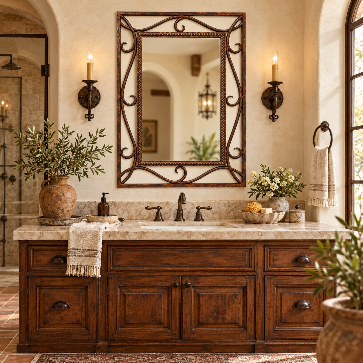 Ornamental wrought iron mirror with scrollwork and rope-like border in a colonial bathroom