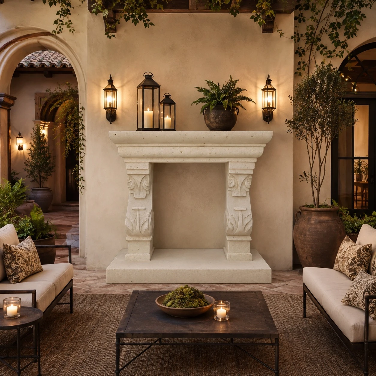 Hand-carved stone fireplace in Mexican hacienda design in an upscale courtyard lounge