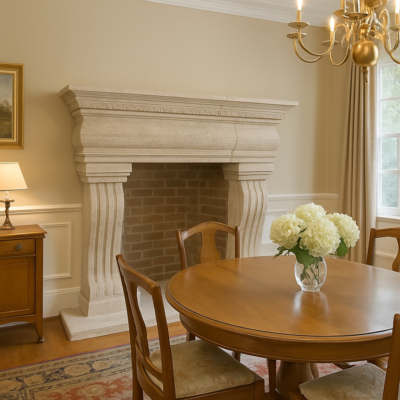 Carved stone fireplace mantel with classical columns in a dining room of a traditional style American house