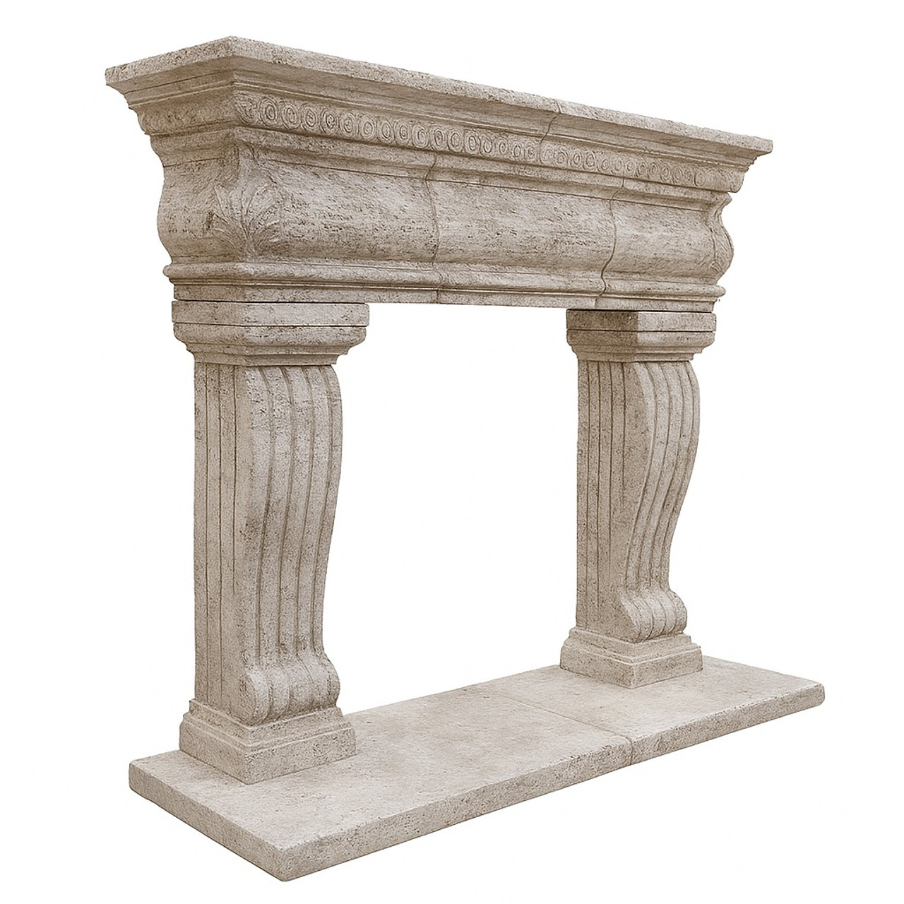 Carved stone fireplace mantel with classical columns viewed from the angle