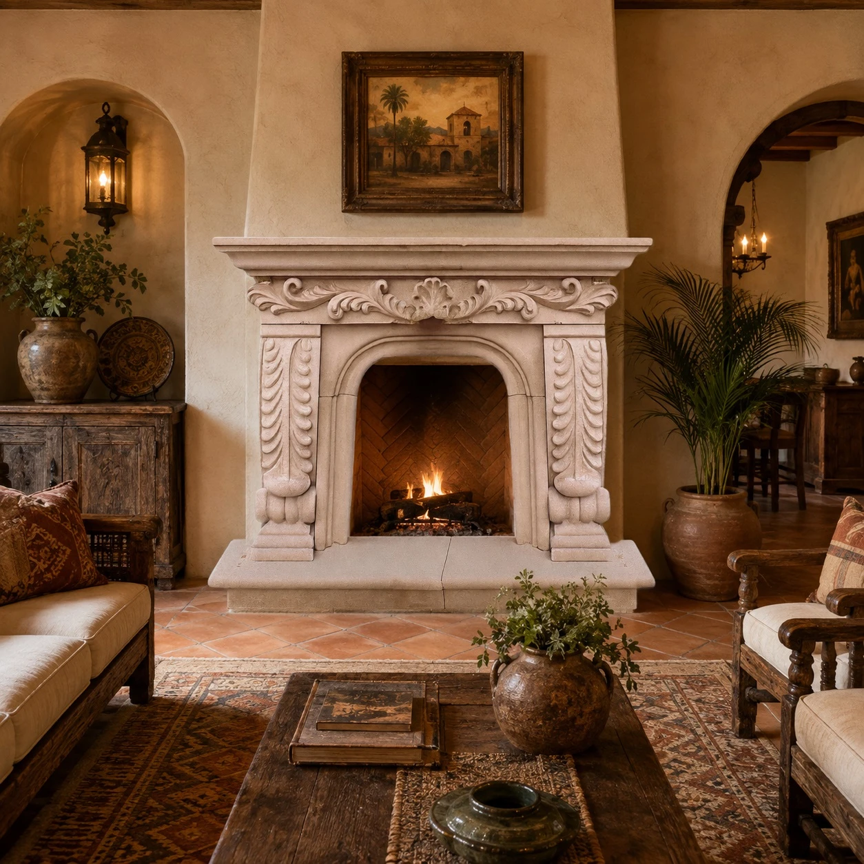 Baroque cantera stone fireplace with carved shell and acanthus in a rustic hacienda room