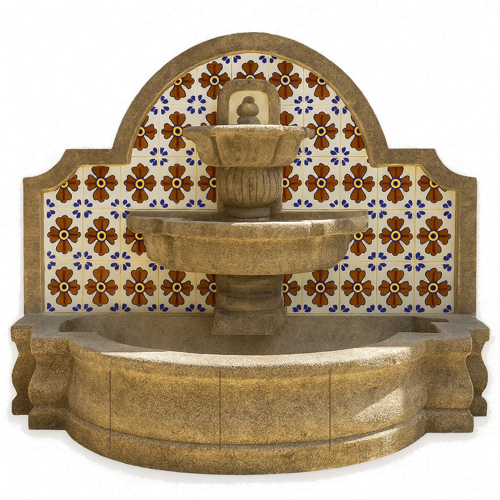 Wall mount cantera stone fountain with a Spanish colonial influance