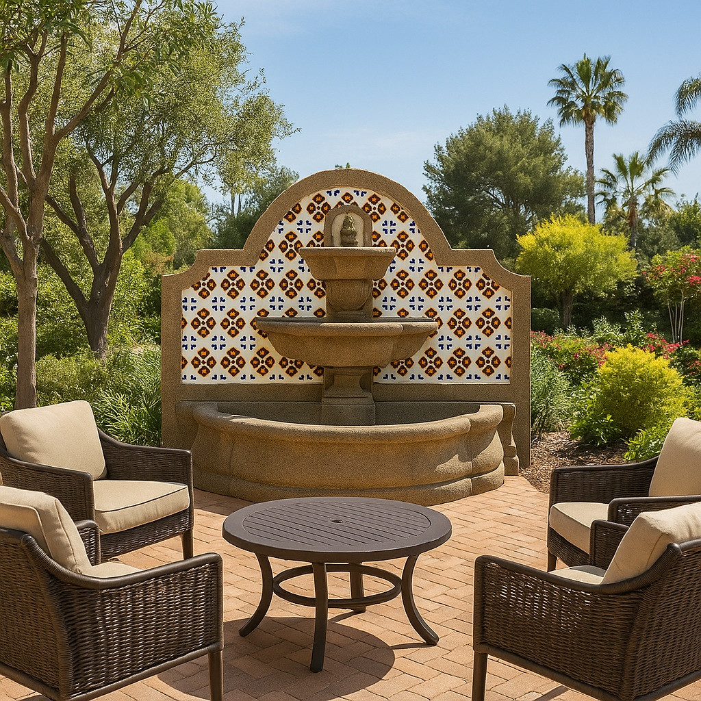 Wall mount cantera stone fountain in Spanish Colonial style as a focal point of a patio of Florida residance