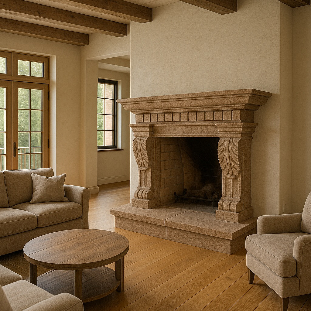 Hand-carved Cantera stone fireplace in grand living room