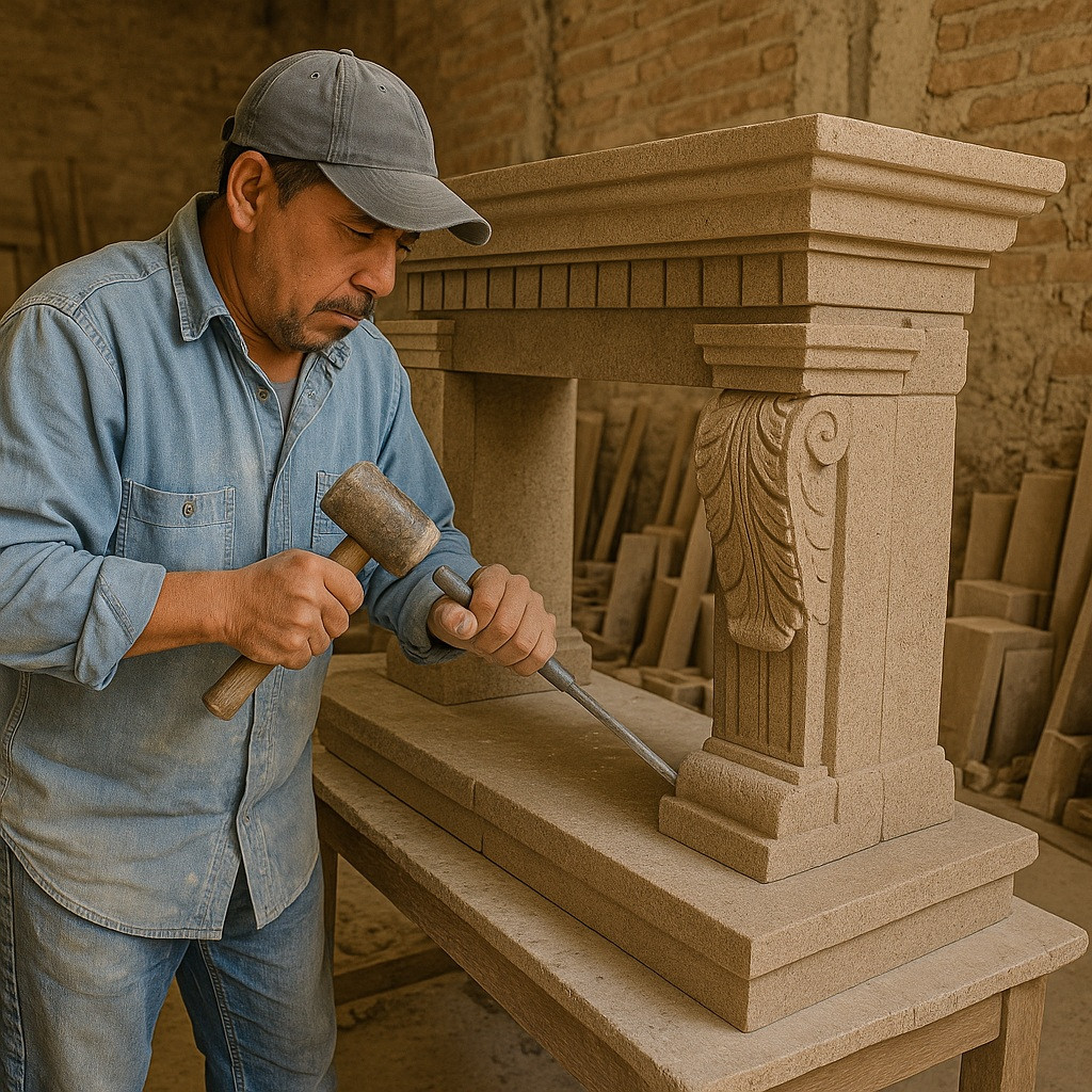 Artisan carving Cantera stone fireplace in workshop