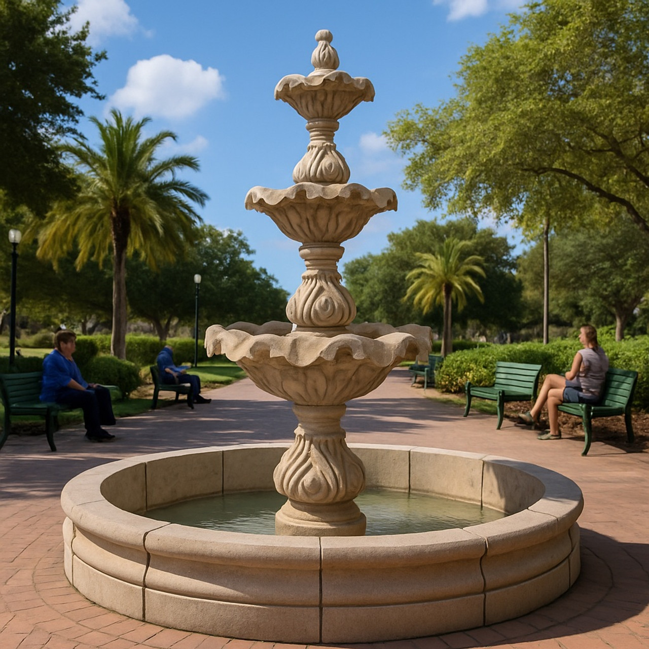 Three-tier cantera stone fountain with colonial design in a public park setting