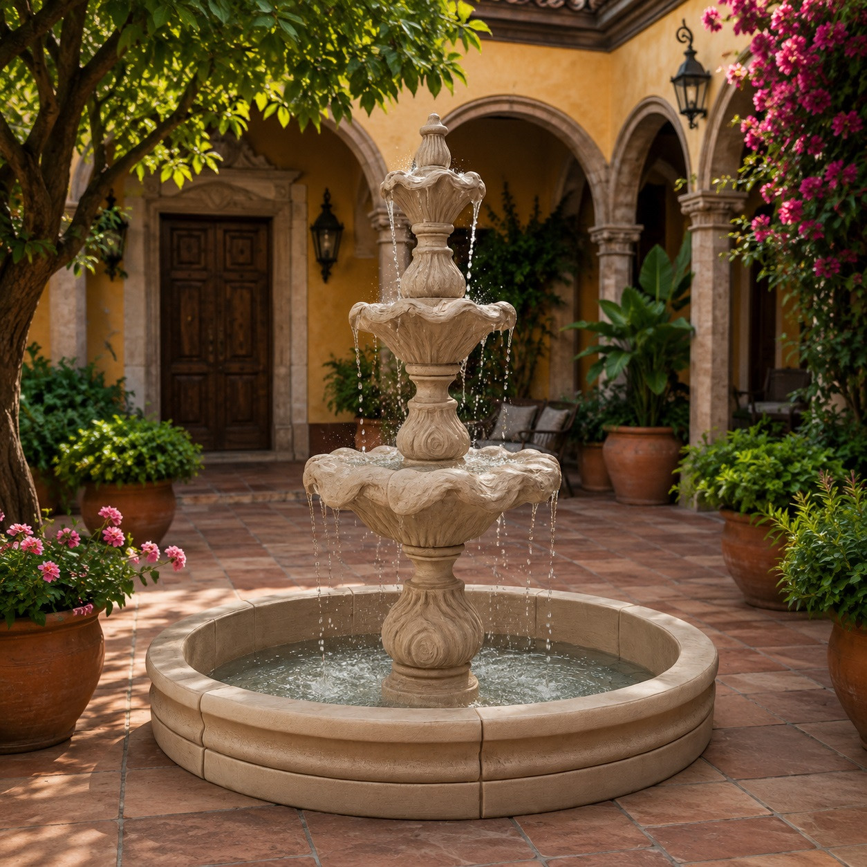 Three-tier cantera stone fountain displayed in an elegant colonial courtyard with arches.