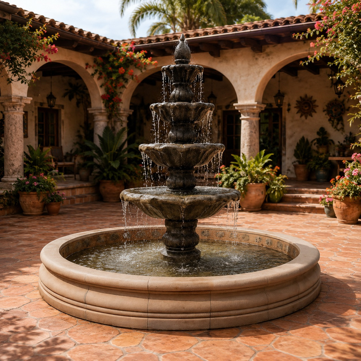 Hand-carved four-tier fountain creating a dramatic centerpiece in a Mexican hacienda garden.
