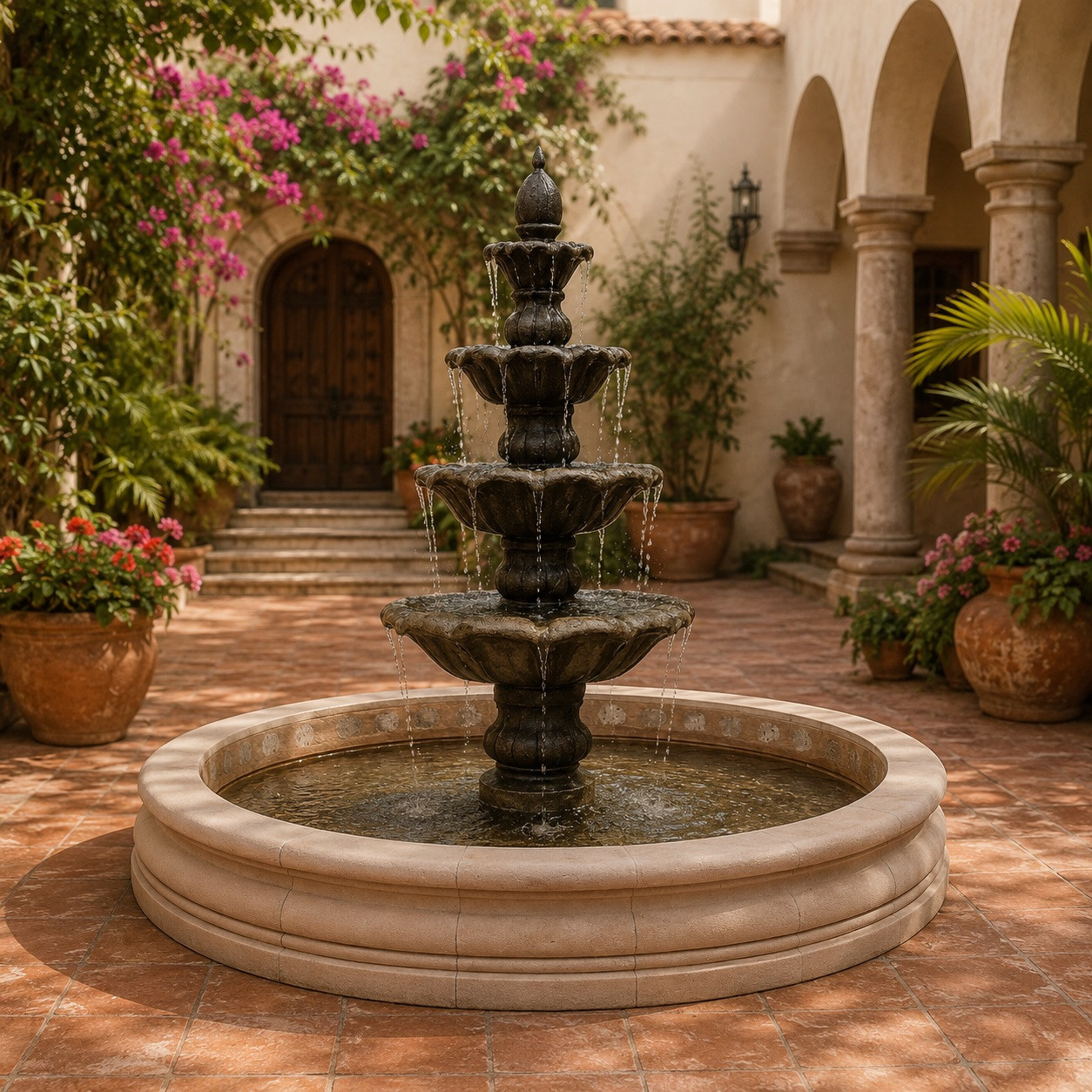 Colonial cantera fountain displayed in a Mediterranean courtyard with elegant architecture.