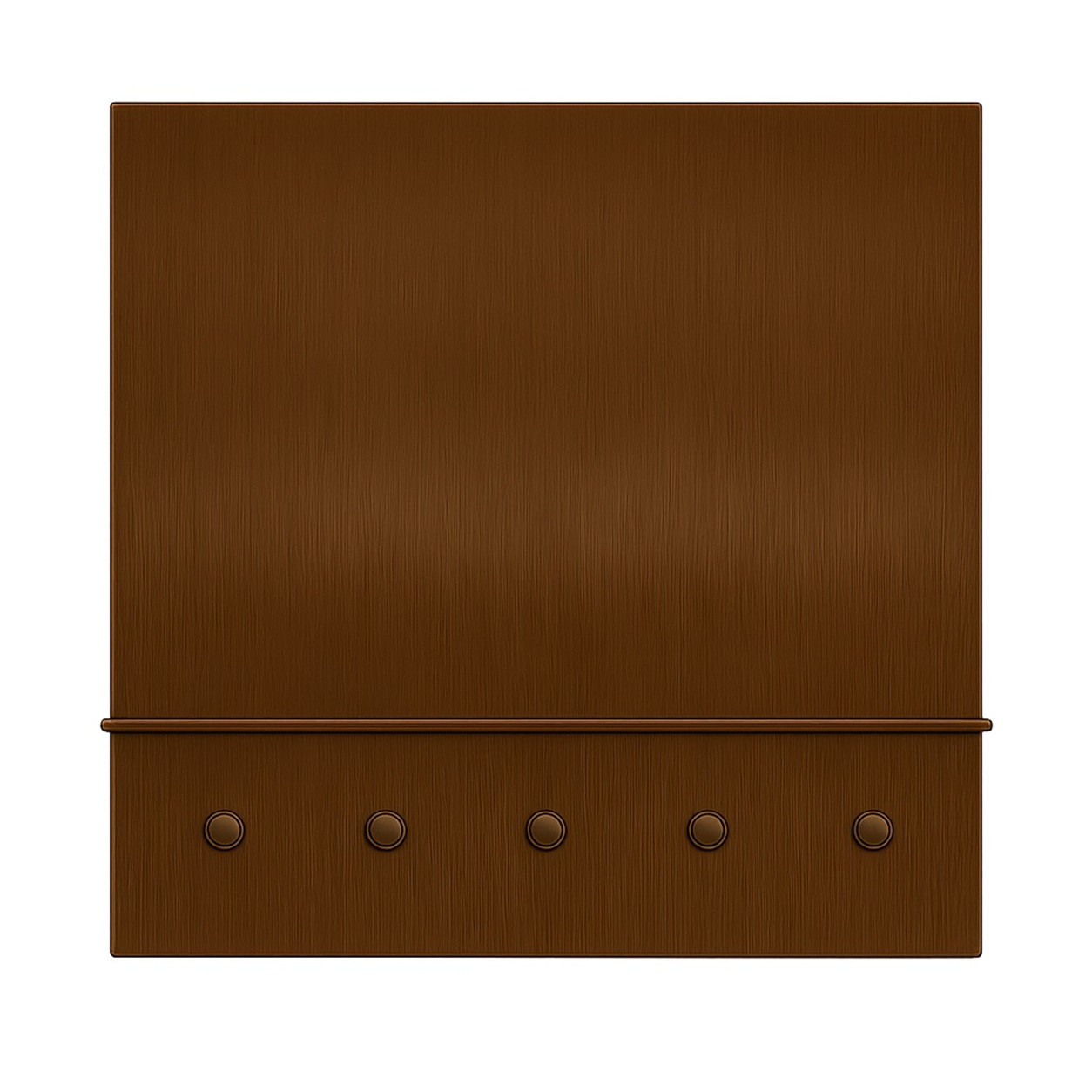 Front close up view of under-cabinet hammered copper range hood with curved front on white background