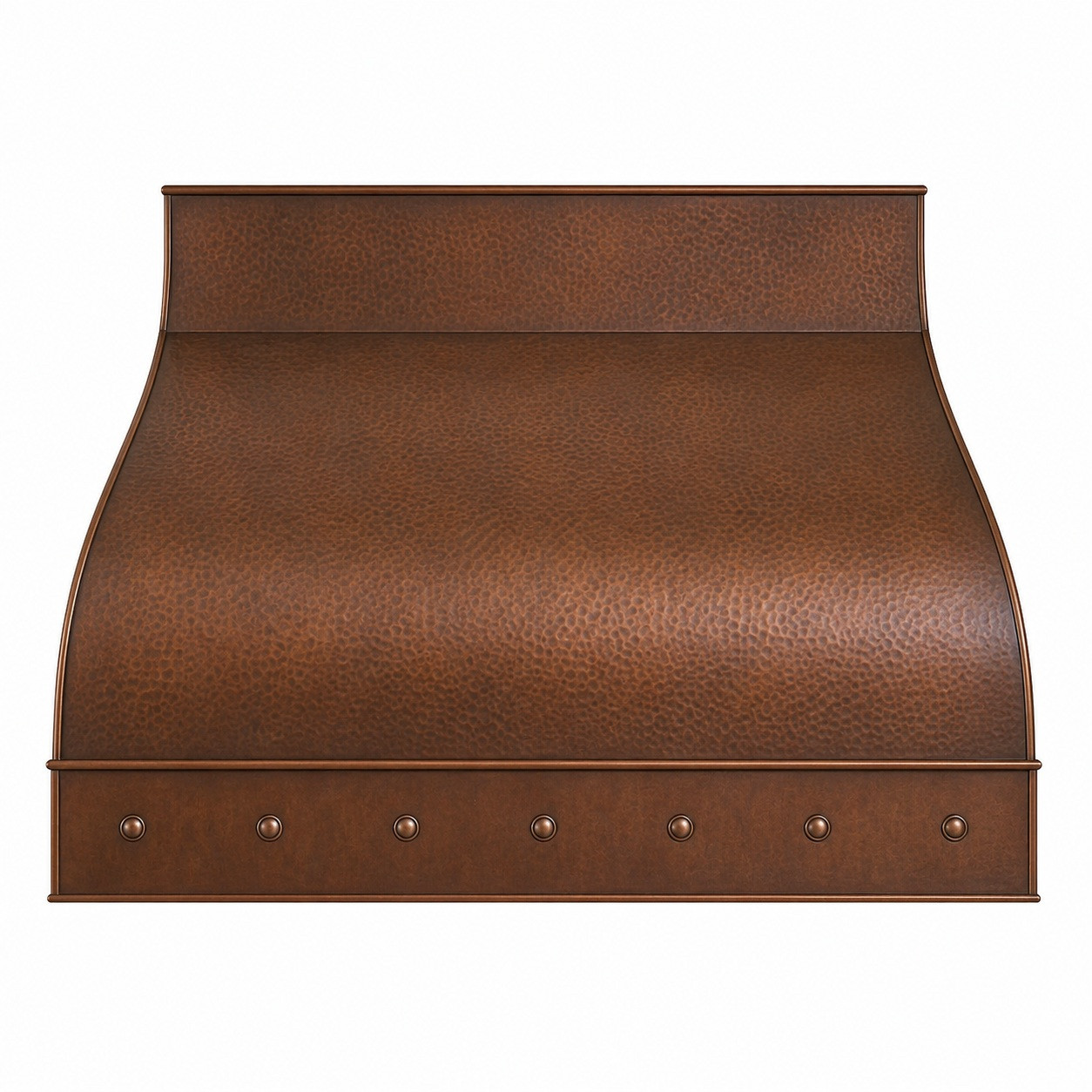 Front view of under-cabinet hammered copper range hood with curved front and riveted apron on white background