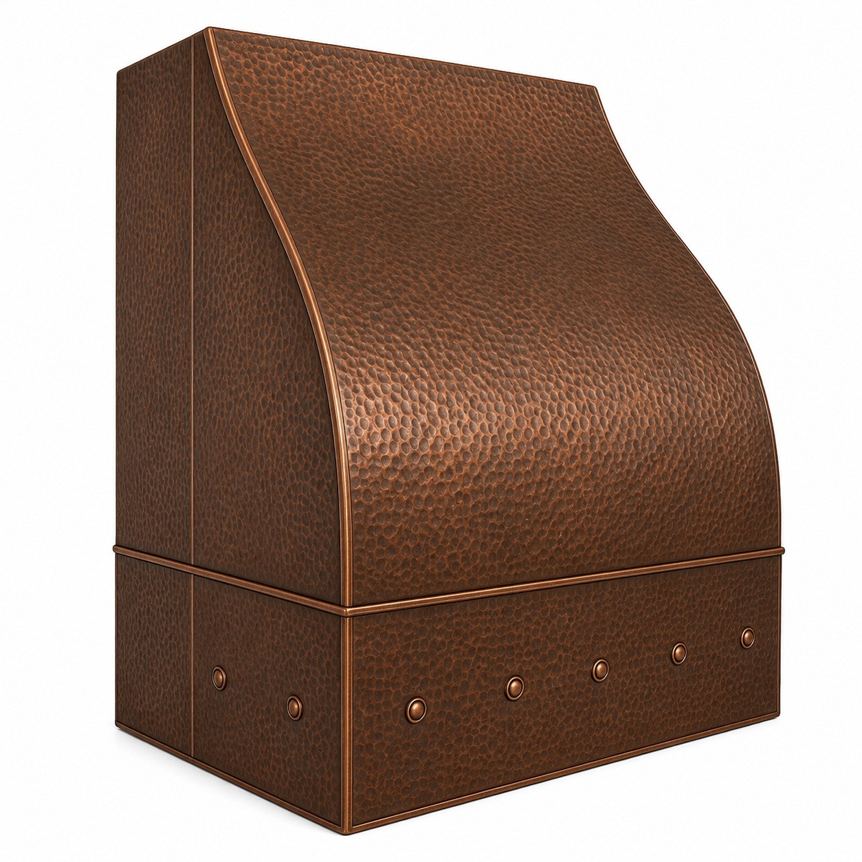 Angled view of under-cabinet hammered copper range hood with curved front on white background