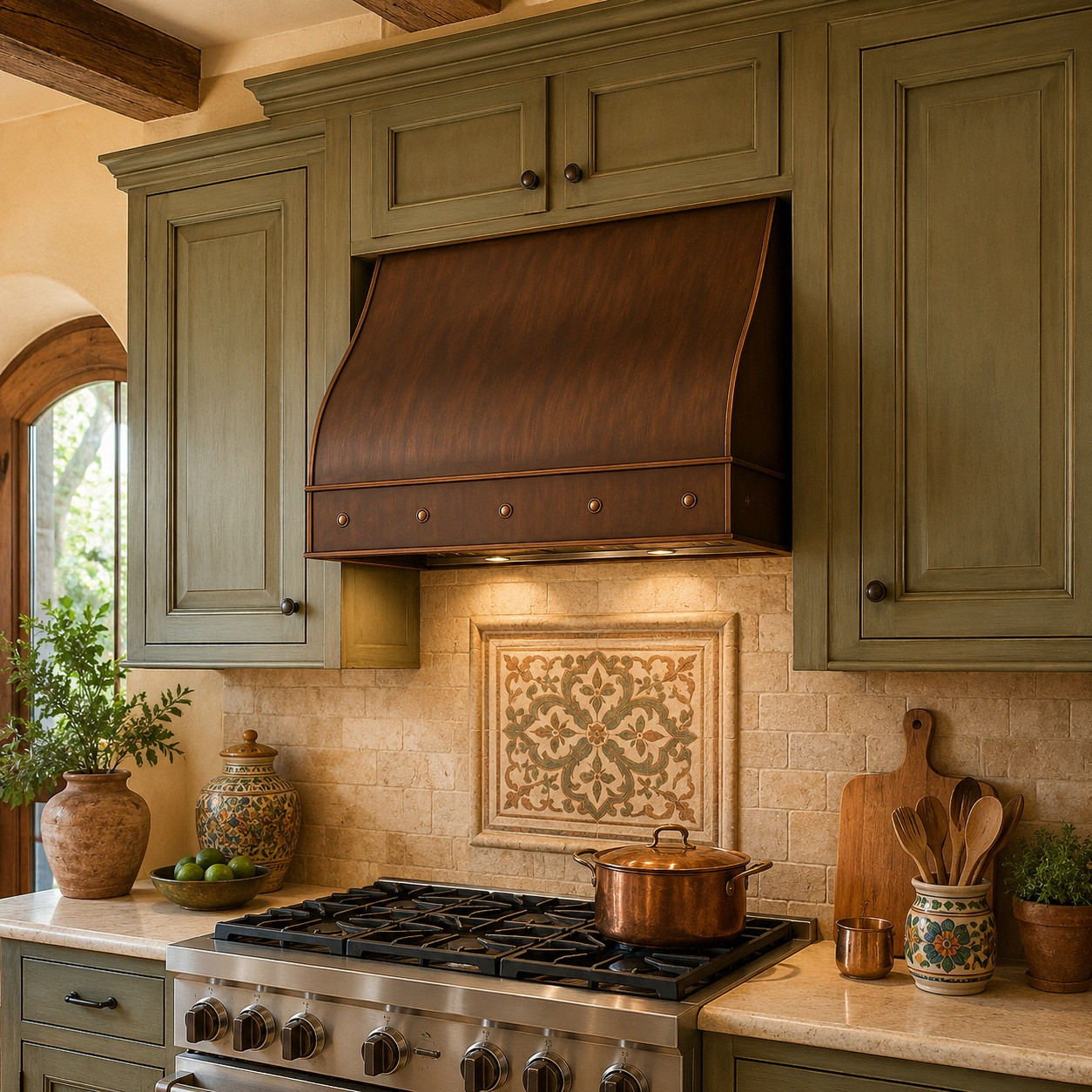 Curved front under-cabinet hammered copper range hood in a Hacienda style kitchen