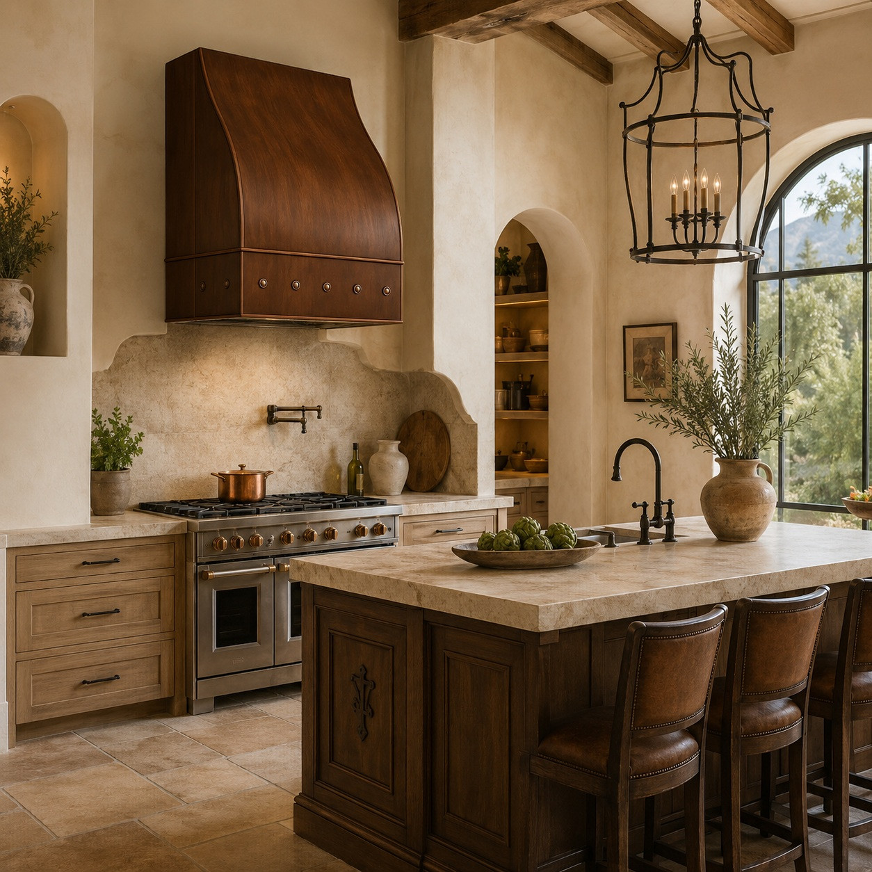 Under-cabinet hammered copper range hood with curved front in a Mediterranean kitchen