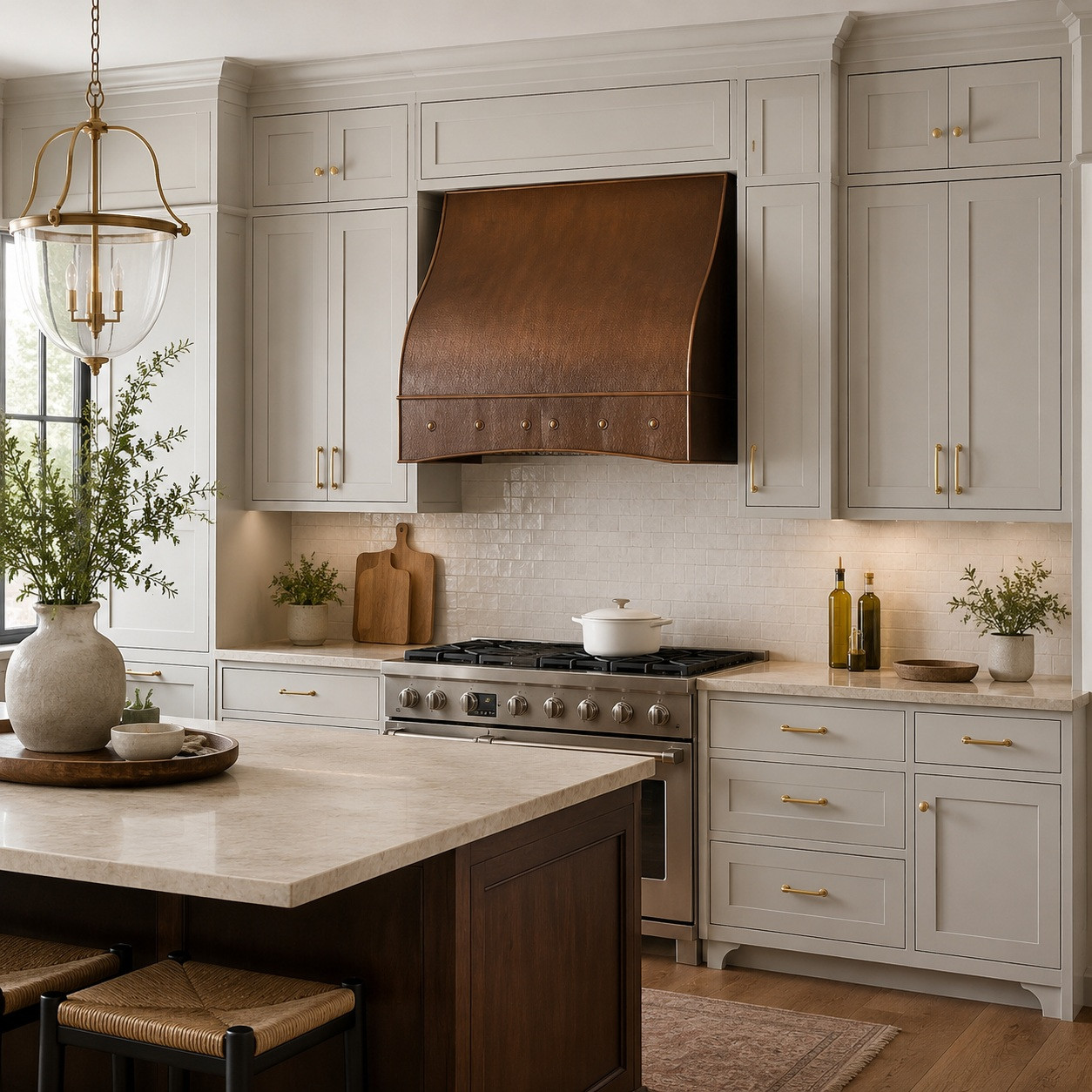 Curved front under-cabinet hammered copper range hood in a transitional kitchen
