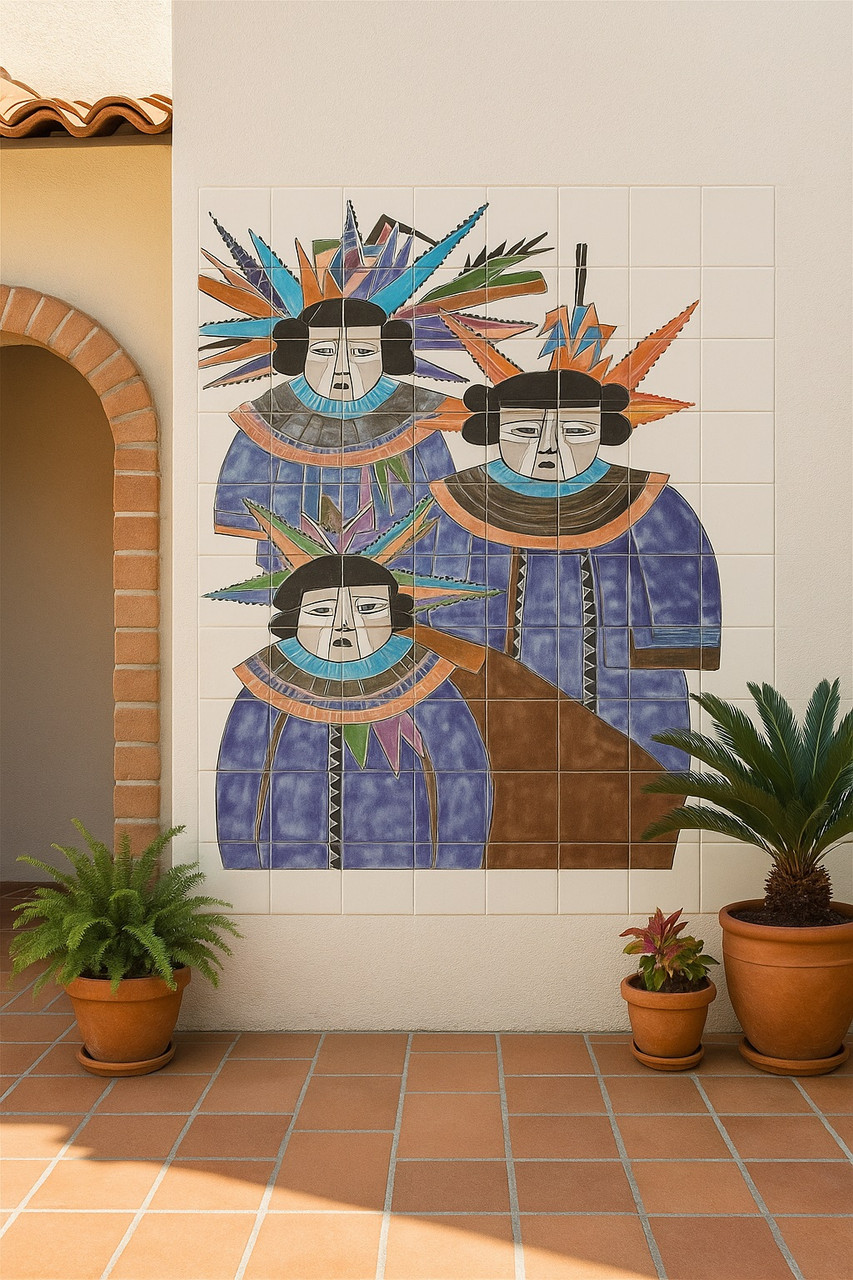 Mexican tile mural abstract warriors enhancing a courtyard entry with colorful hand-painted Mexican tile art
