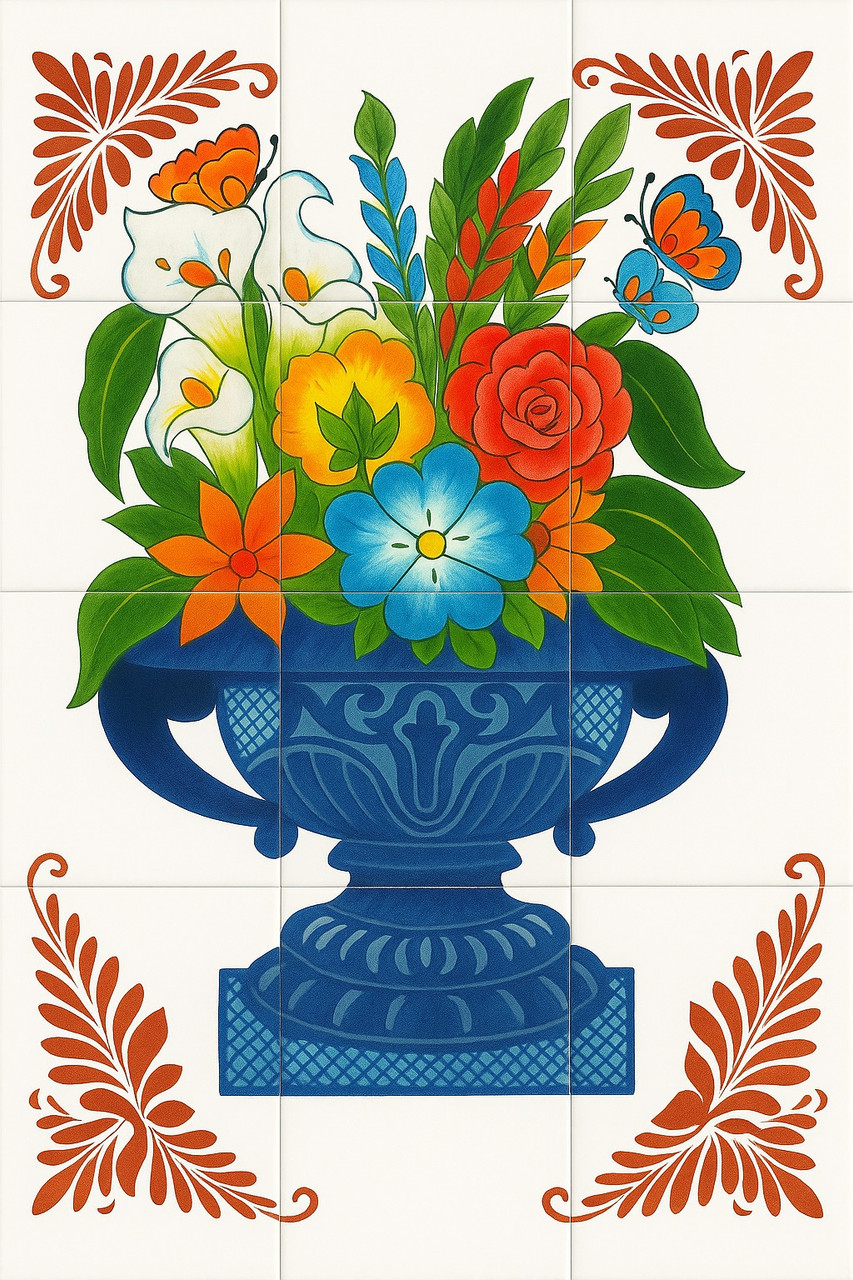 Talavera tile mural floral vase