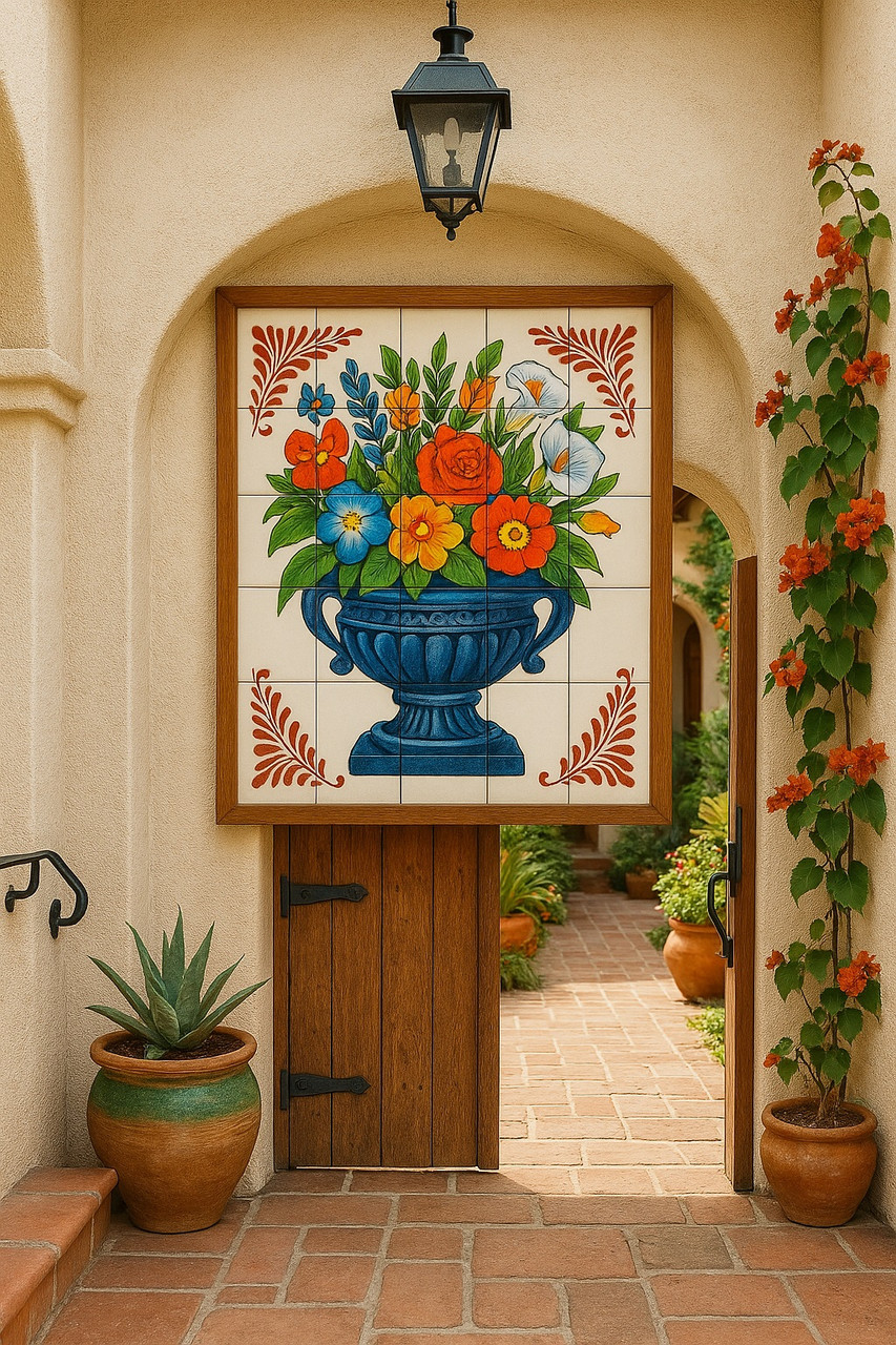 Talavera tile mural floral vase adorning a courtyard entry with vibrant hand-painted Talavera craftsmanship