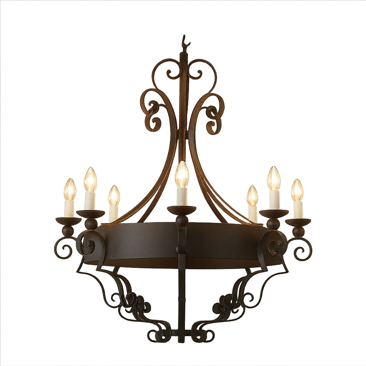 Transitional wrought iron chandelier with round scroll design