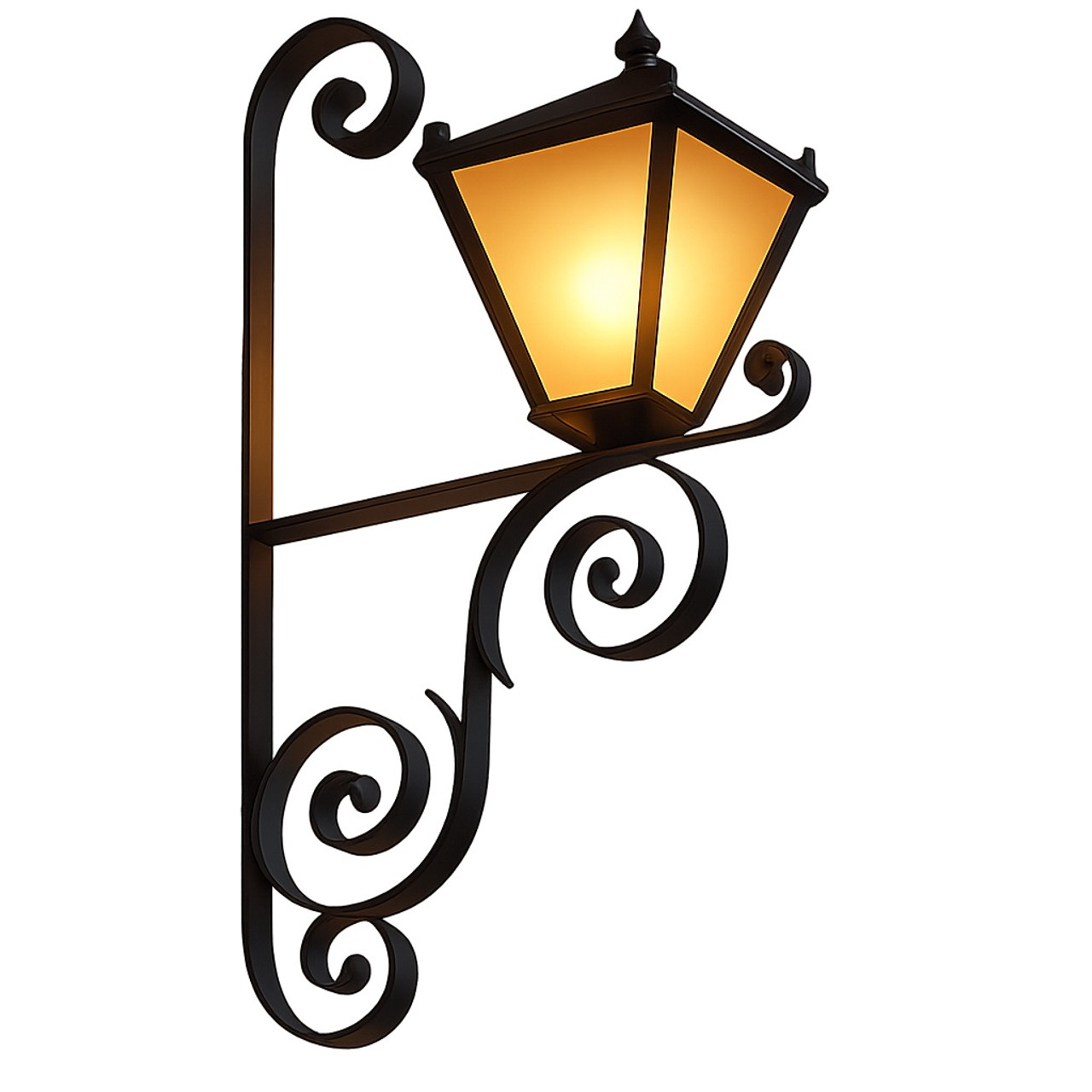 Mexican wrought iron lantern with scroll bracket with light on