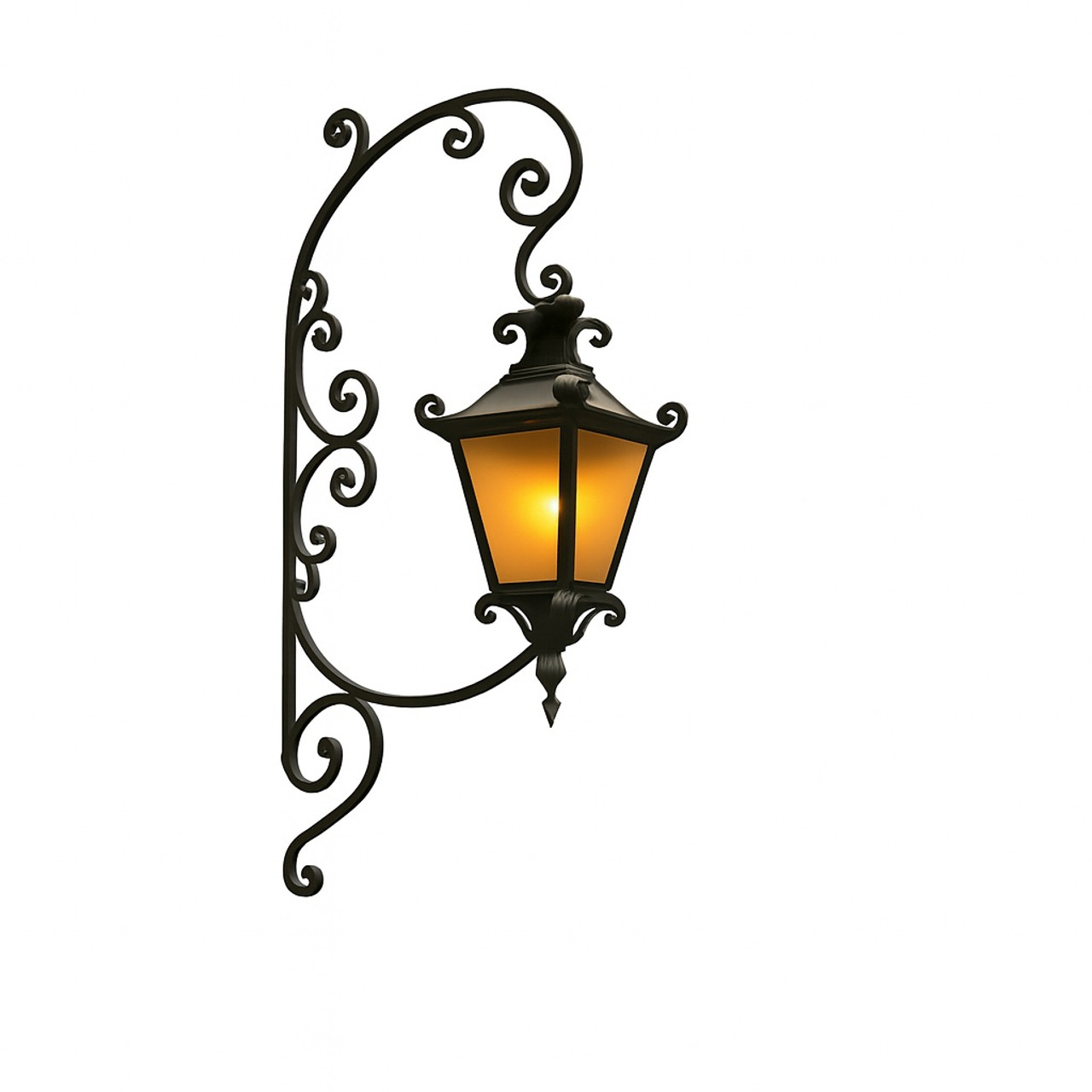 Wrought iron wall lantern with scroll bracket with lamp on