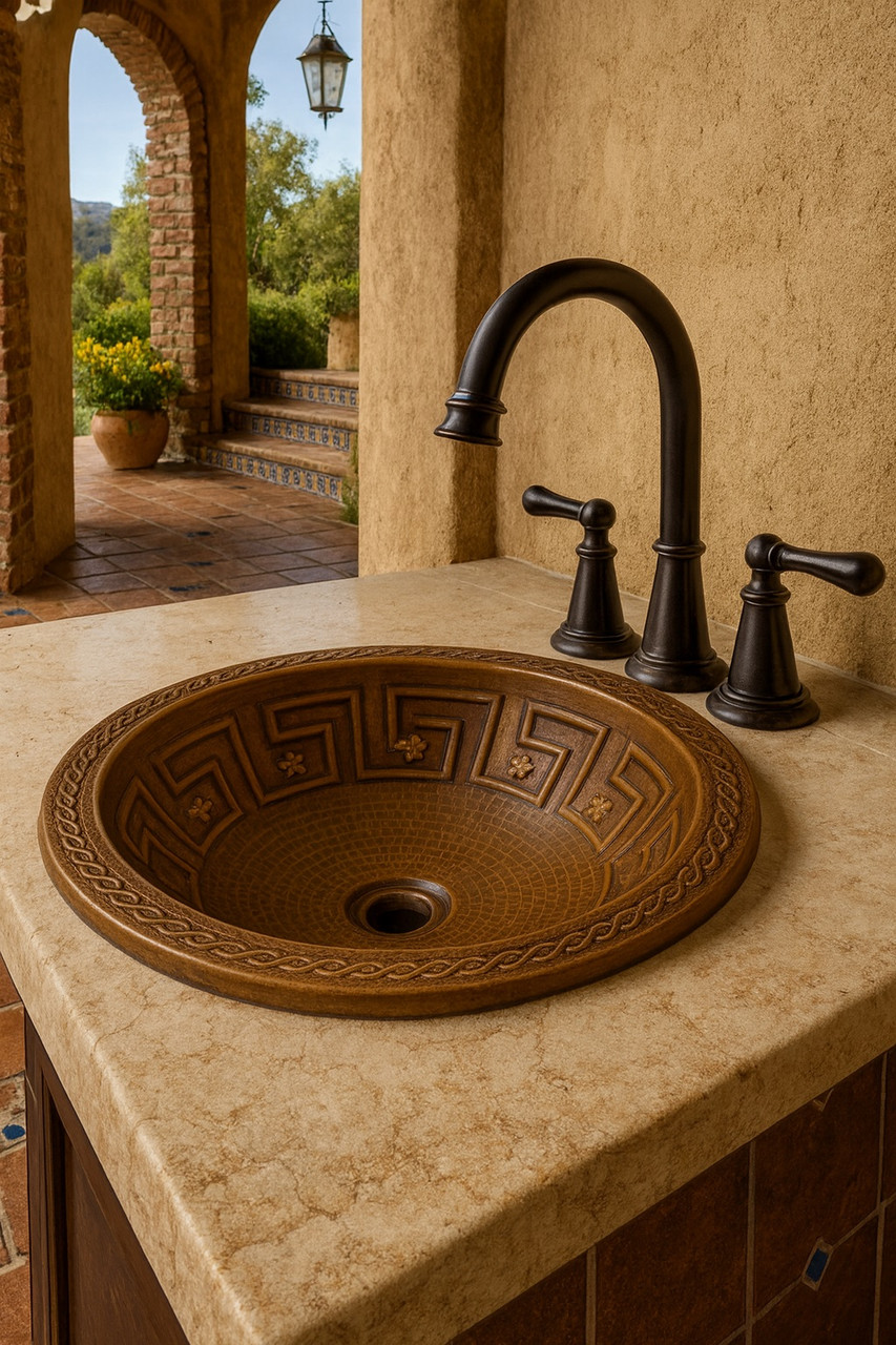 Round copper bathroom sink greek border placed in a Spanish Revival entry washstand enhancing handcrafted architectural style