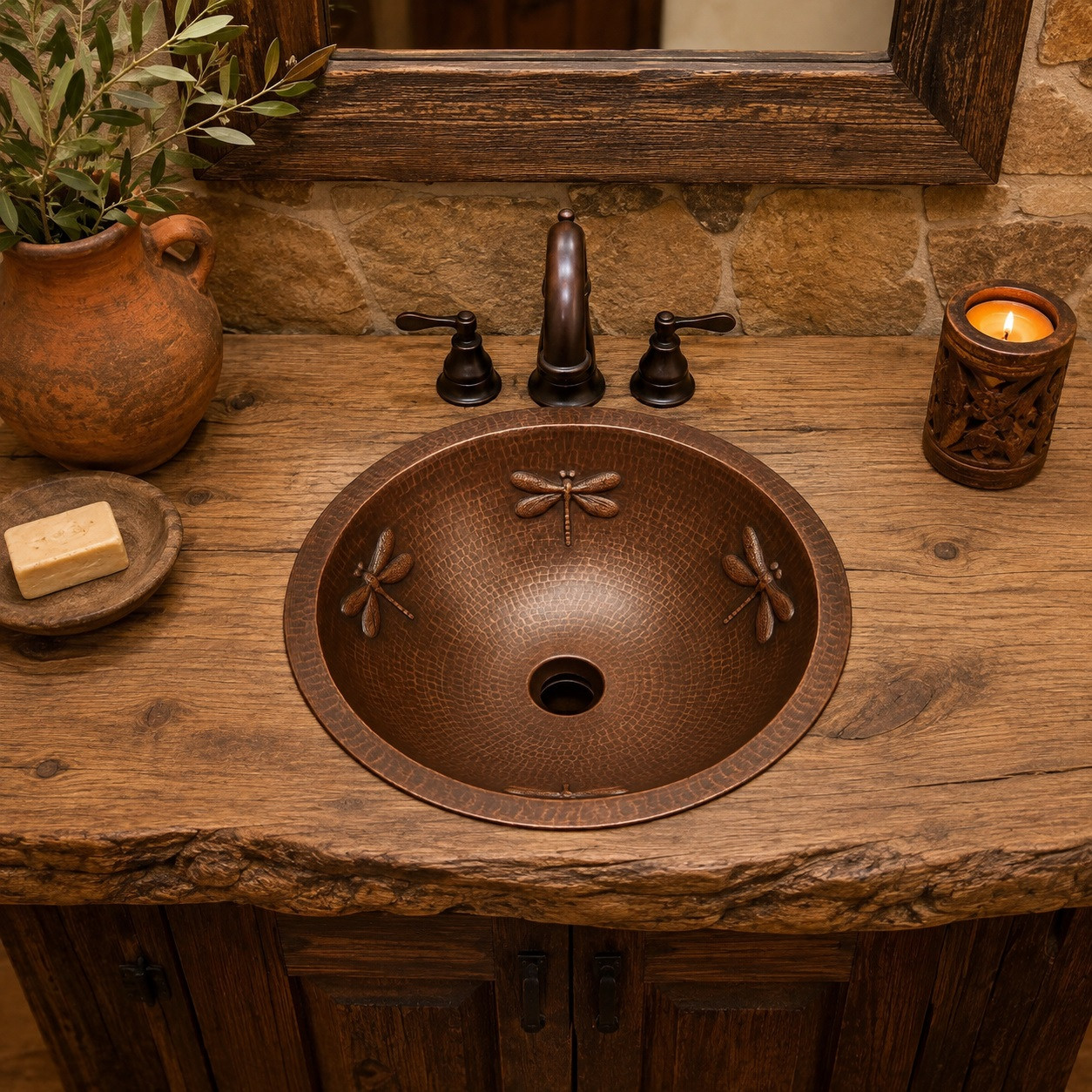 Dragonfly round copper bathroom sink featured in a rustic house interior where wood and stone highlight its carved details