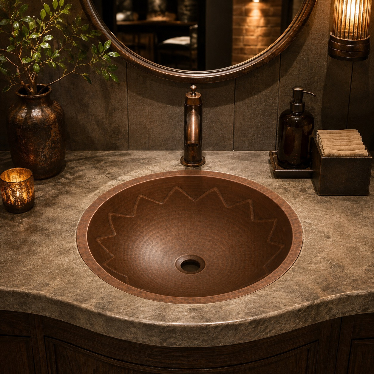 Zigzag round copper bathroom sink showcased in a boutique restaurant washroom adding artisanal copper character and depth