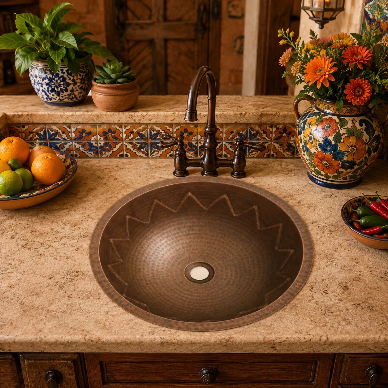 Zigzag round copper bathroom sink placed in a Mexican kitchen setting complementing handcrafted surfaces and earthy tones