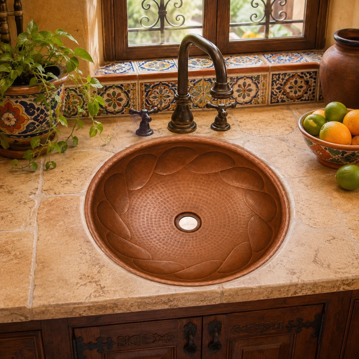Mexican braided copper bathroom sink placed in a Mexican kitchen scene complementing tile surfaces and traditional rustic elements