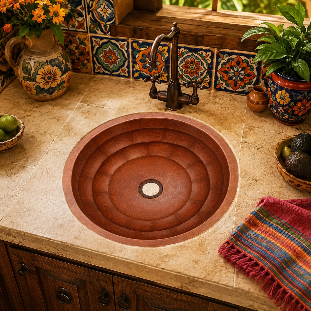 Tiered round copper bathroom sink placed in a Mexican kitchen scene complementing artisanal materials and rich earthy tones