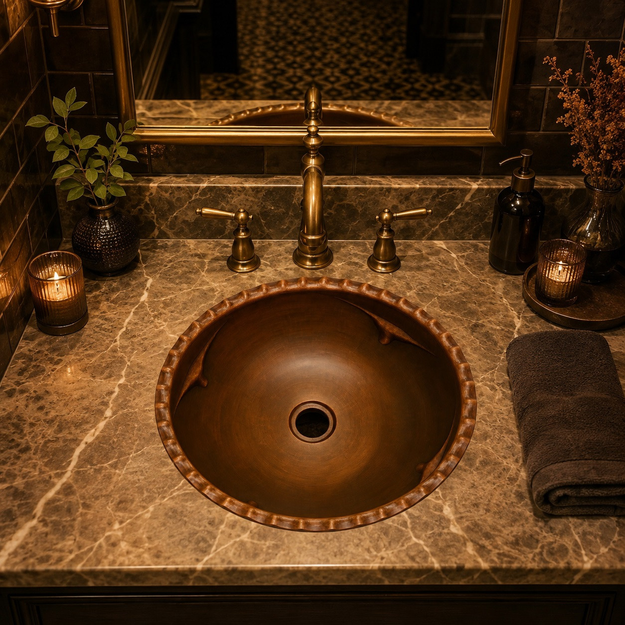 Rimmed mexican round copper sink showcased in a boutique restaurant wash area adding artisanal depth and copper character