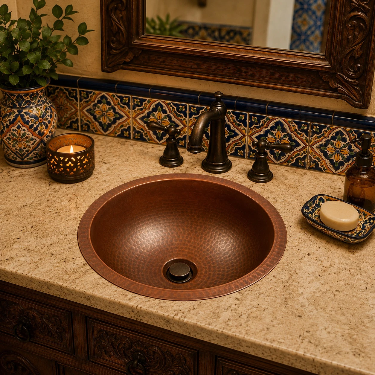 Hammered round mexican copper sink featured in a Spanish Revival interior complementing handcrafted tile, arches, and ironwork