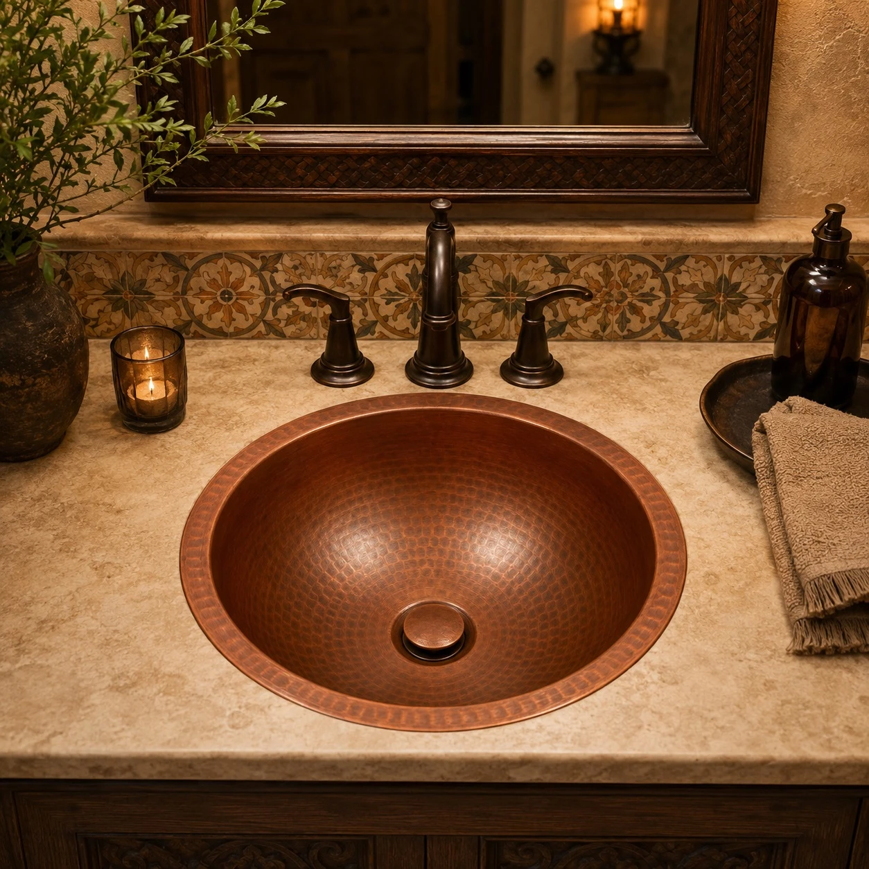 Hammered round mexican copper sink placed in a boutique restaurant wash area adding artisanal warmth and copper character