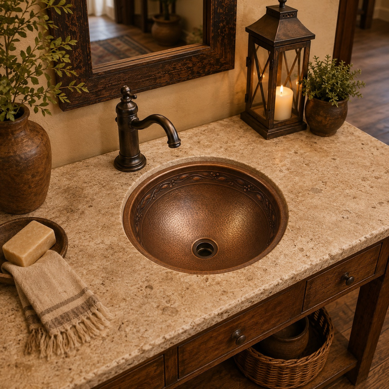 Vine border round copper sink placed in a rustic entry washstand highlighting its vine motif and handcrafted texture