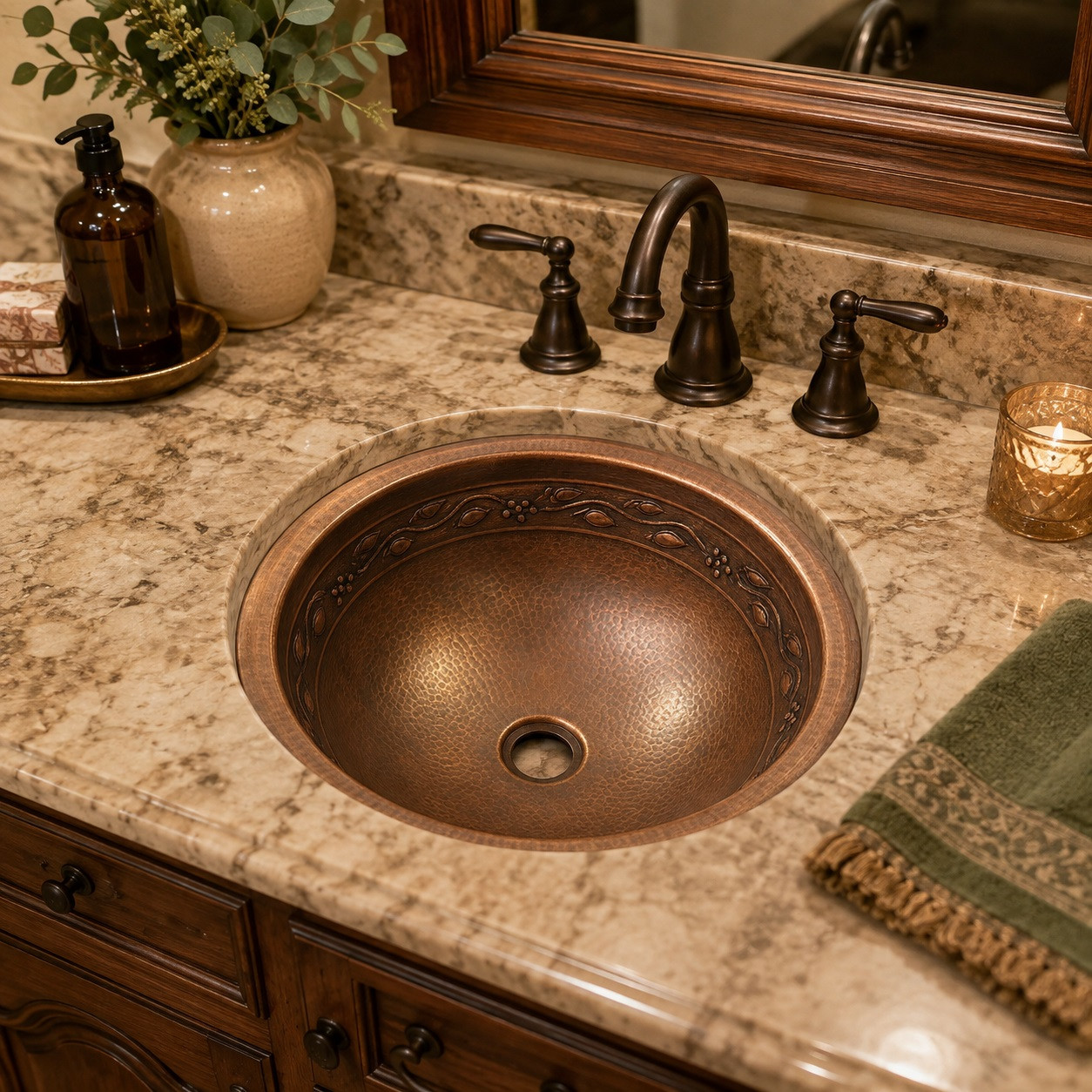 Vine border round copper sink installed in a house bathroom where its hammered patina enhances warm rustic finishes