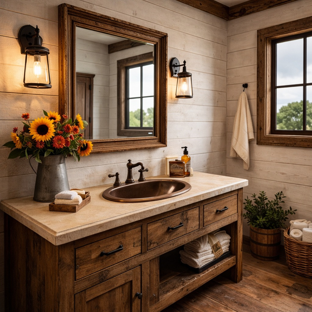 Oval hand-hammered copper bathroom sink with sculpted bowl curvature in a rustic farmhouse vanity setting