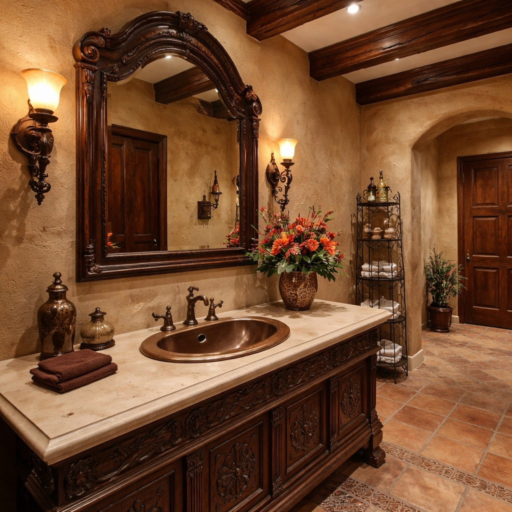 Oval hand-hammered copper bathroom sink with sculpted bowl curvature in a Spanish Revival bathroom