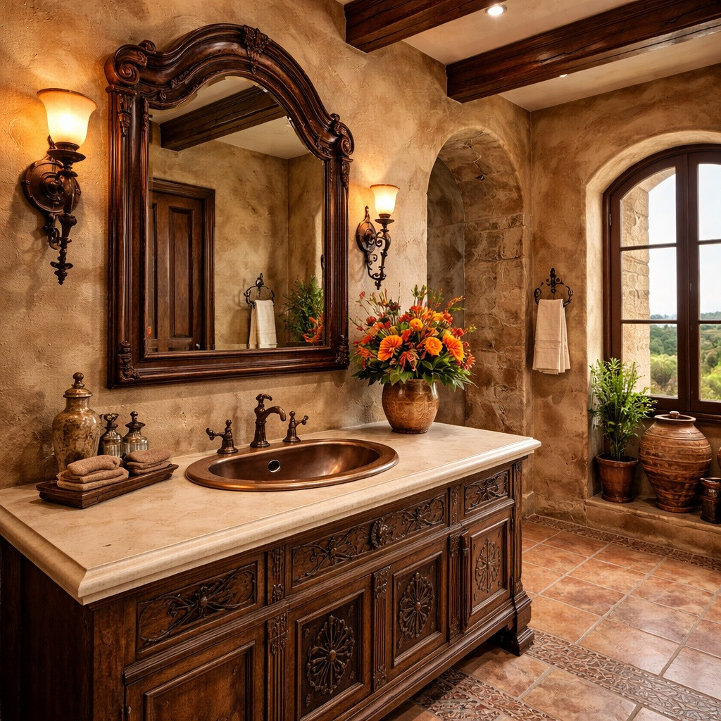 Oval hand-hammered copper bathroom sink with sculpted bowl curvature in a Tuscan bathroom vanity setting