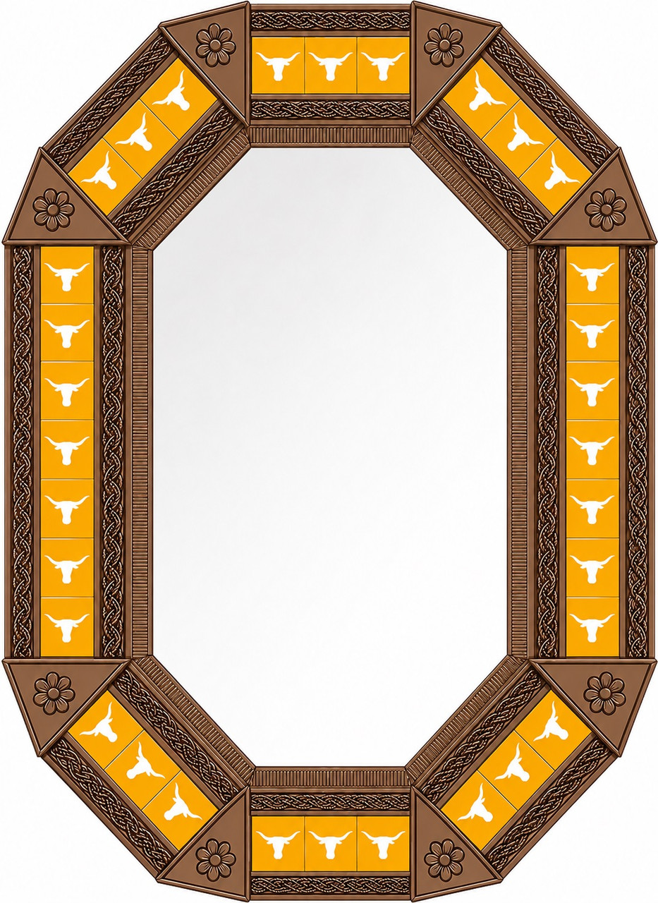 Octagonal tin mirror with yellow talavera longhorn tiles light brown