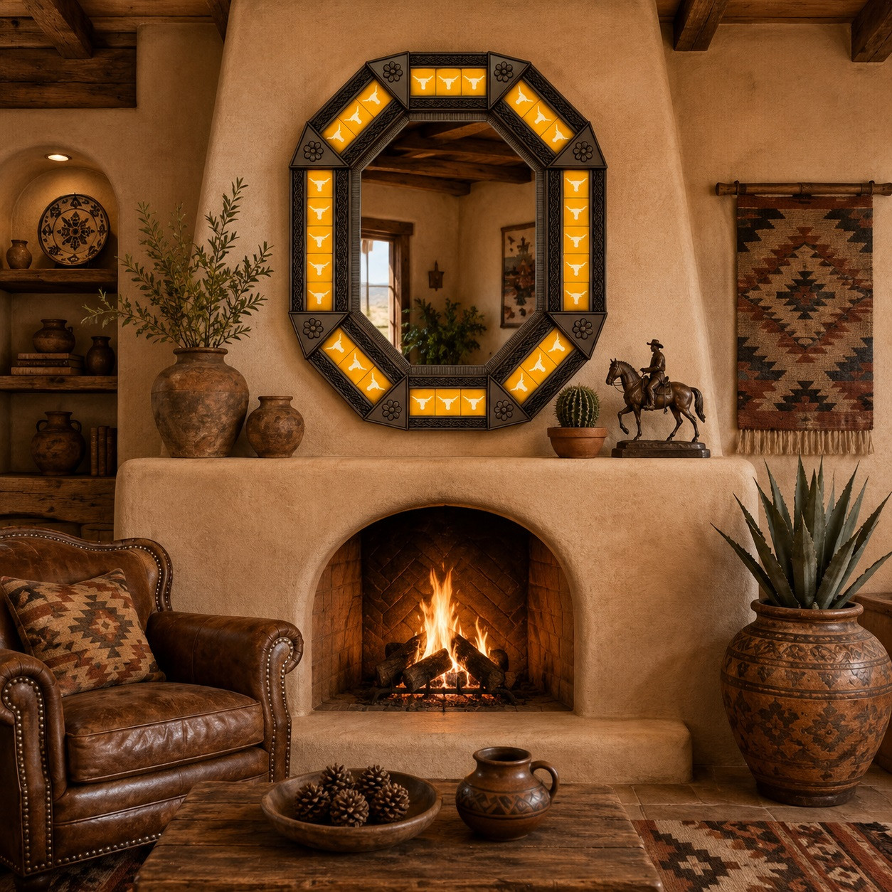 Octagonal tin mirror with yellow talavera longhorn tiles above rustic adobe fireplace