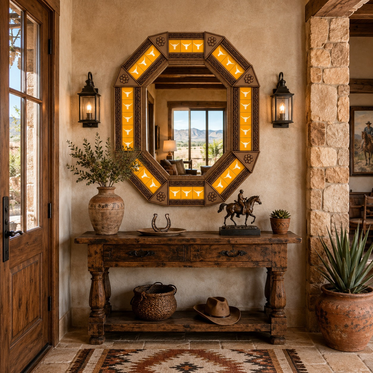 Octagonal tin mirror with yellow talavera longhorn tiles decorating luxury ranch entryway