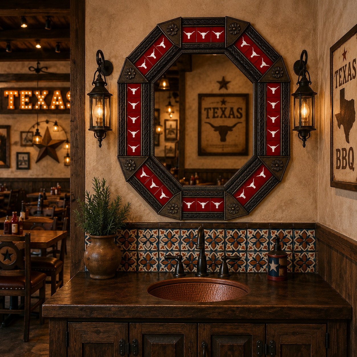 Octagonal tin mirror with red longhorn talavera tiles inside a Texas style restaurant
