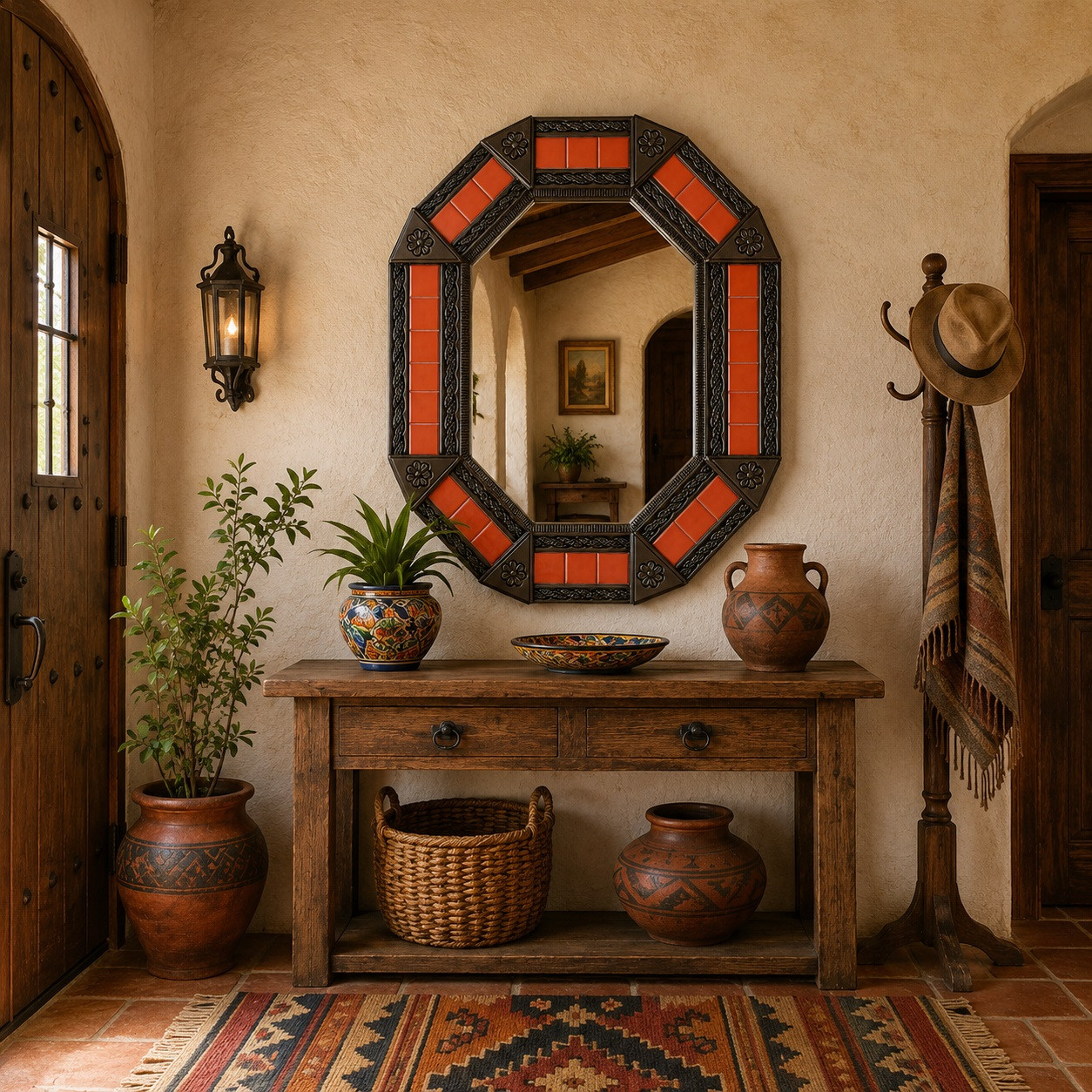 Decorative octagonal tin mirror with terracotta talavera tile accents in rustic hacienda entryway